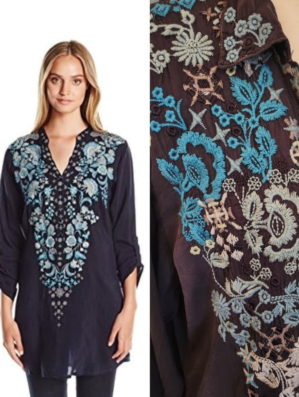 Johnny Was Embroidered V-Neck Tunic Top - Navy w/ Blue Floral Embroidery | Large